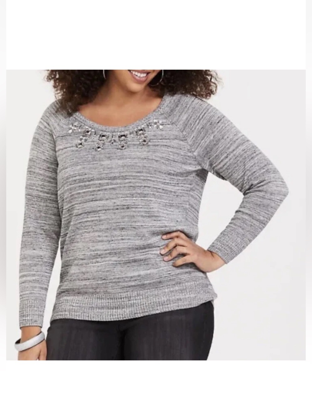 Torrid Sweater 1X Gray Embellished Jeweled Neckline Bling Party Marled Top